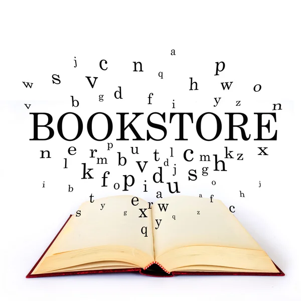 Bookstore, word on the book with letters flying — Stock Photo, Image