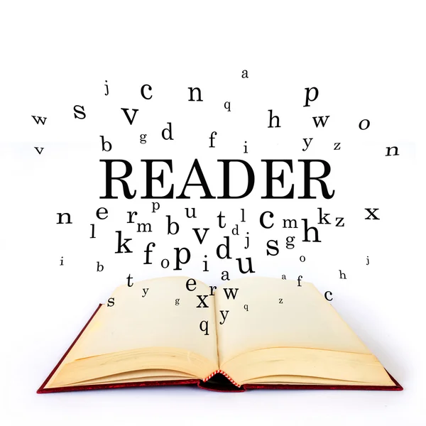 Reader, word on the book with letters flying — Stock Photo, Image