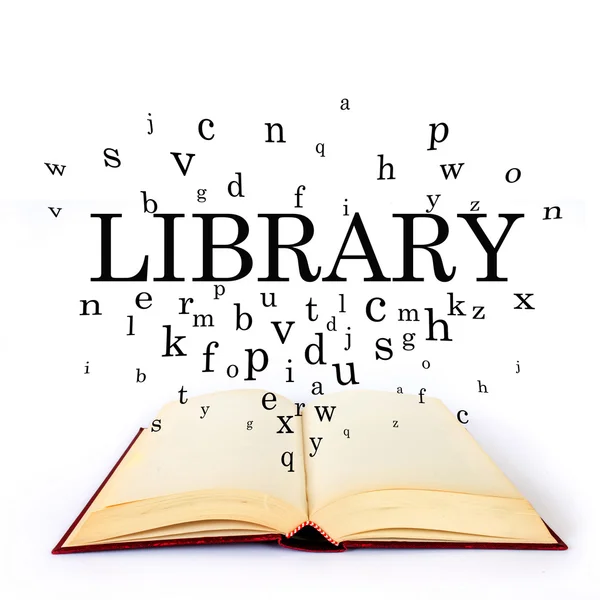 Biblioteca, palavra no livro com letras voando — Fotografia de Stock