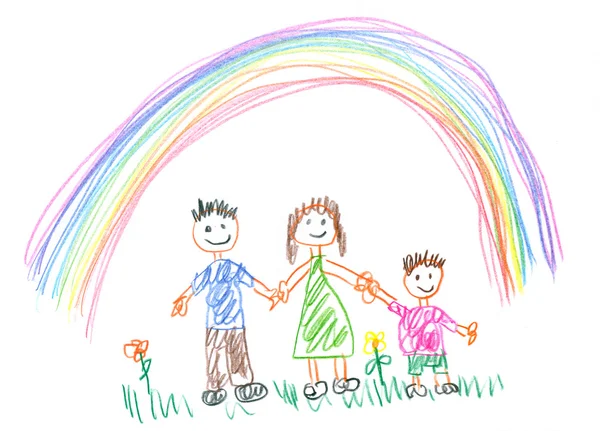 Рисунок, сделанный ребенком, счастливой семьей весной — стоковое фото
