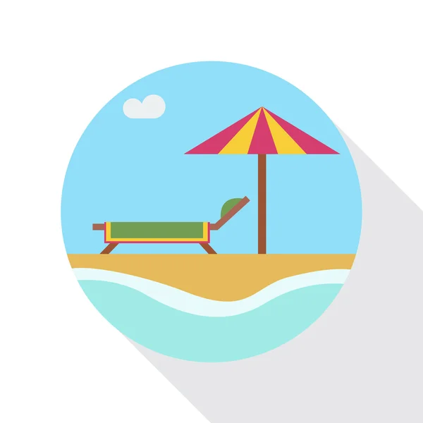Vector sign parasol and deckchairs on the beach, flat design — Stock Vector