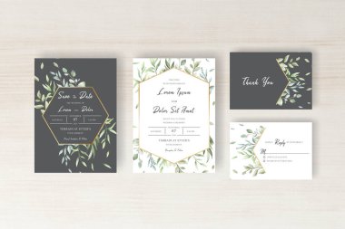 Suluboya yapraklı zarif düğün davetiyesi seti