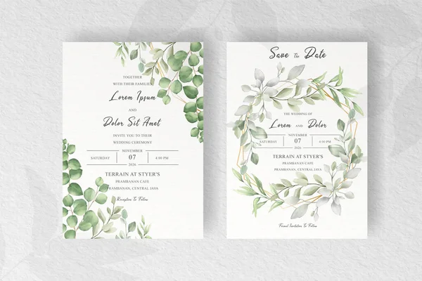 Elegante Greenery Design Cartão Convite Casamento Com Folhas Aquarela —  Vetores de Stock