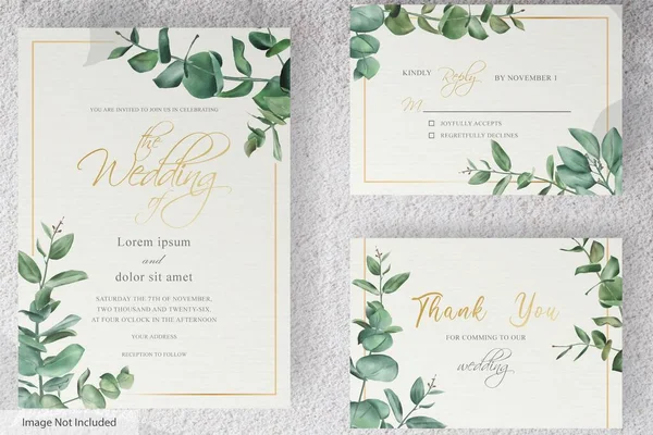 ユーカリの葉と緑の結婚式招待状のテンプレートのデザインのセット — ストックベクタ