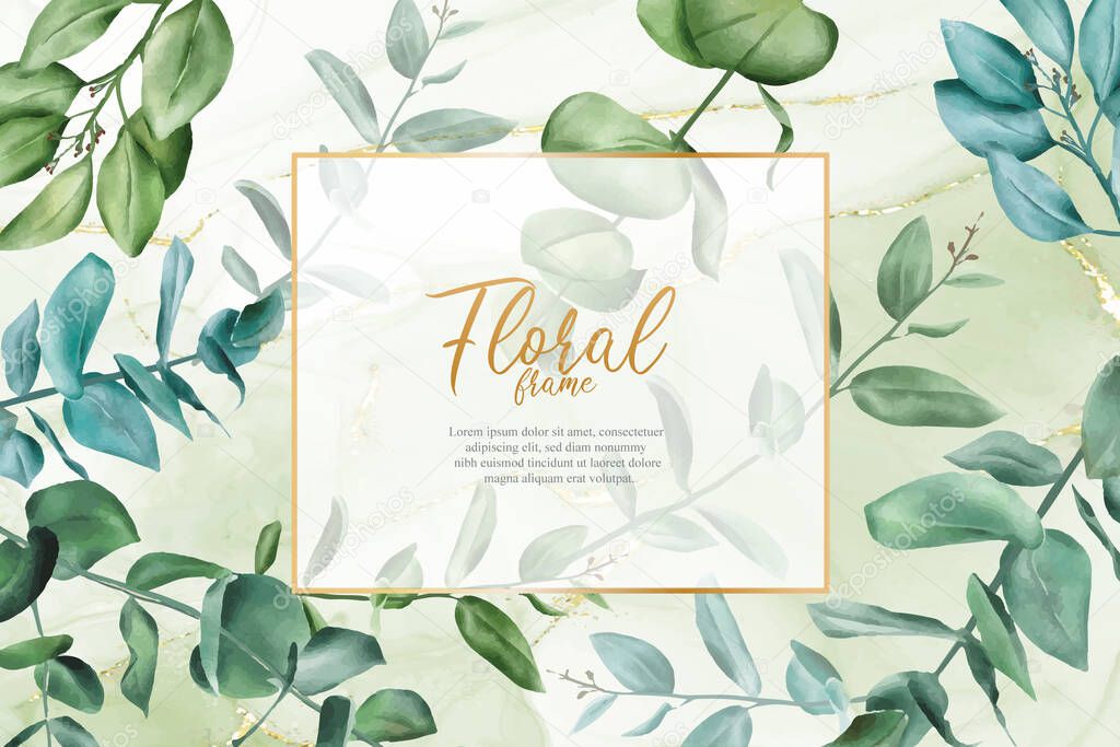 greenery wedding invitation design template with eucalyptus and alcohol ink