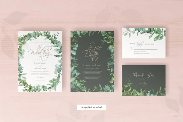 Set Greenery Wedding Invitation Card Template Design Eucalyptus Leaves — Stock Vector