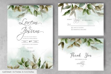 Yeşillik Düğün Davetiyesi El çizimi yapraklar ve suluboya arka plan