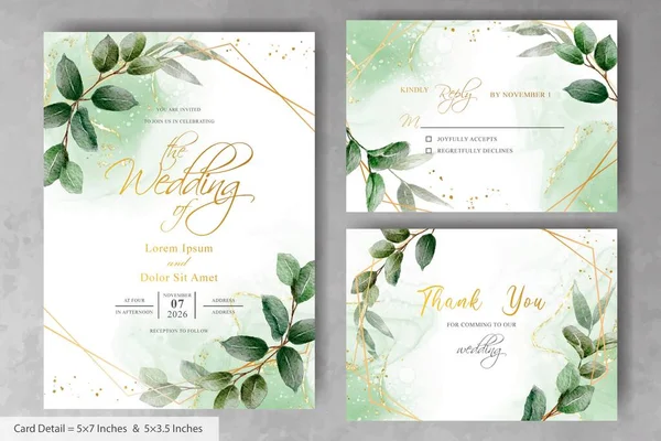 Greenery Wedding invitation with Hand drawn leaves and watercolor splash background