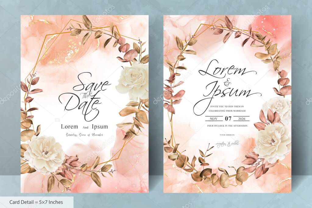 floral wreath wedding invitation card template with hand drawn flower and eucalyptus leaves