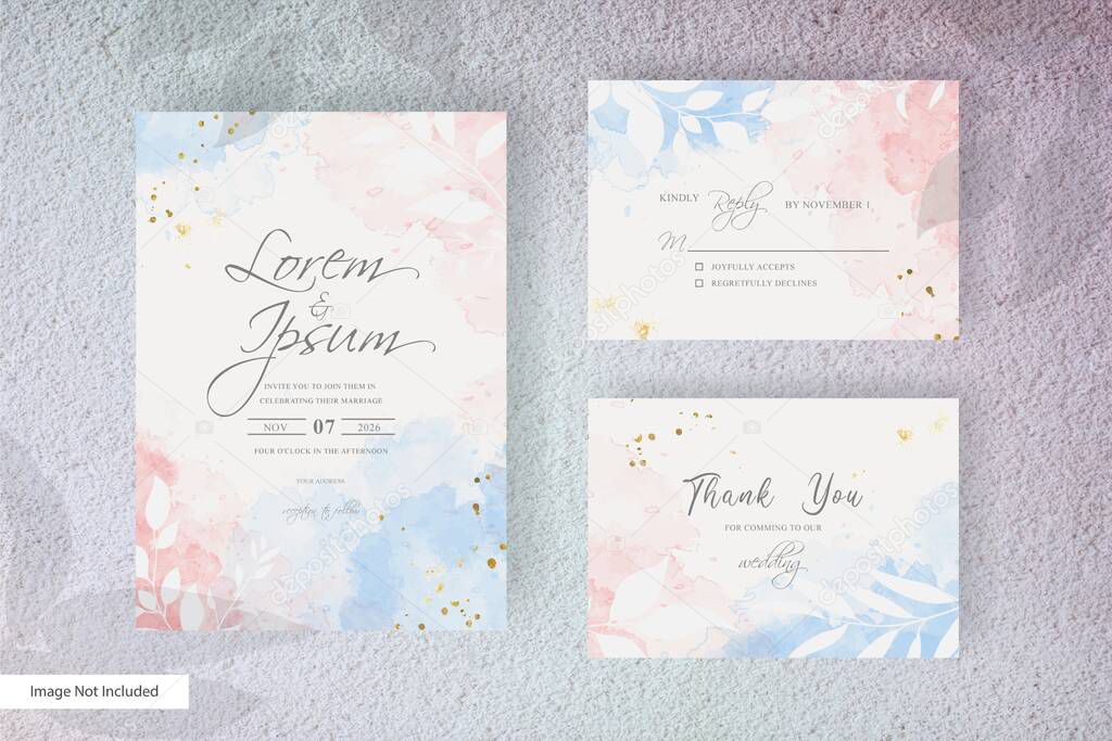 Watercolor Wedding Invitation Template with Flat Floral design and Hand Painted Liquid Watercolor