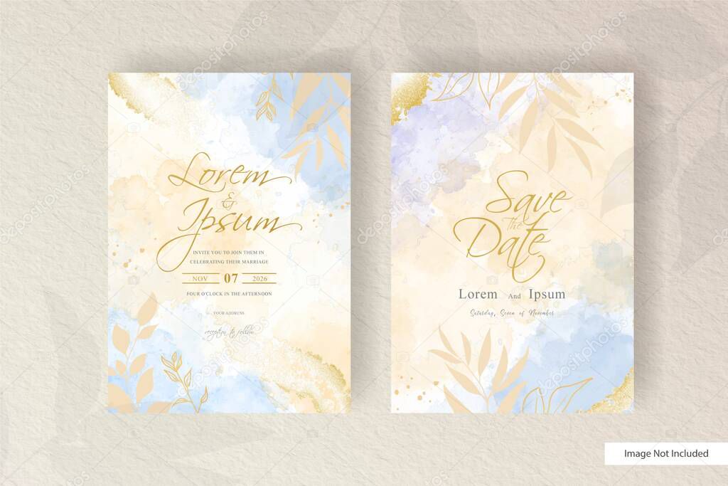 Watercolor Wedding Invitation Template with Flat Floral design and Hand Painted Liquid Watercolor