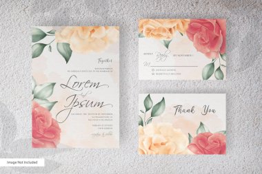 Minimalist düğün kartı şablonu sarı çiçek ve suluboya sıçrama kavramı