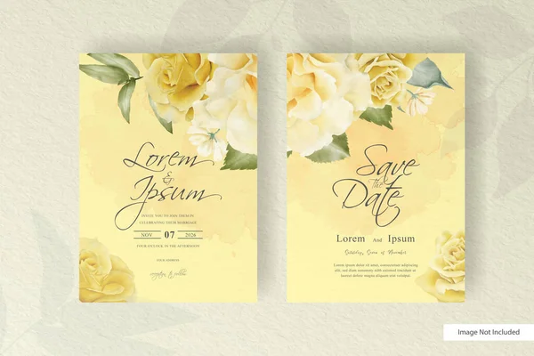 Minimalistische Hochzeitskartenvorlage Mit Gelbem Floral Und Aquarell Spritzkonzept — Stockvektor
