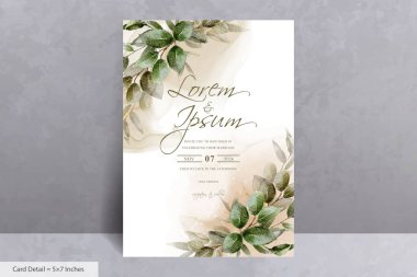 Yeşillik Suluboya Düğün Davetiyesi Şablonu ve el çizimi yaprakları