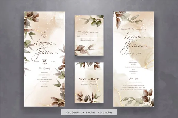 Set Von Grün Aquarell Hochzeitseinladungskarte Vorlage Mit Handgezeichneten Blättern — Stockvektor