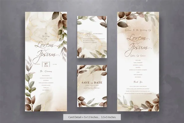 Conjunto Greenery Aquarela Casamento Convite Cartão Modelo Com Folhas Desenhadas — Vetor de Stock