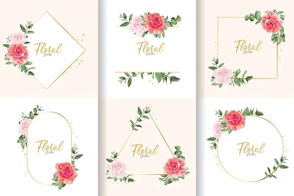 Coleção Moldura Floral Aquarela Minimalista Com Flor Folhas Desenhadas Mão — Vetor de Stock