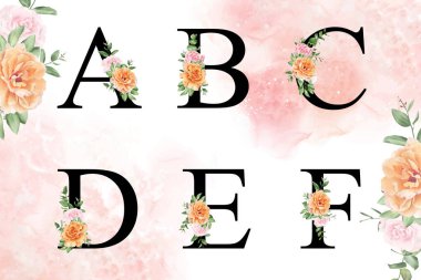 Suluboya alfabe seti a, b, c, d, e, el çizimi çiçekler ve yapraklarla