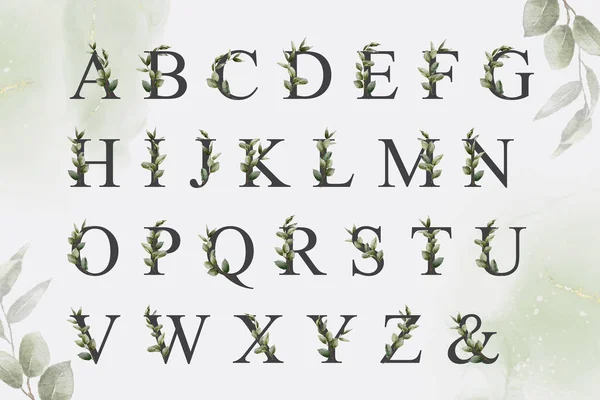 Set Van Groen Aquarel Bloemen Alfabet Met Hand Getrokken Bladeren — Stockvector