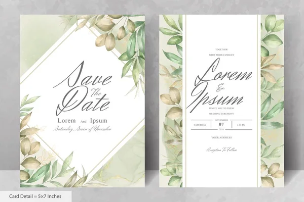 Állítsa Zöld Virágos Keret Esküvői Meghívó Kártya Sablont Akvarell Kézzel — Stock Vector