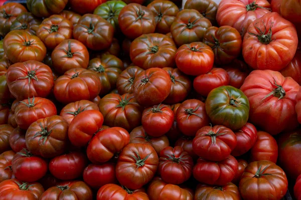 Viele Bunte Und Gesunde Tomaten Auf Dem Wochenmarkt — Stockfoto