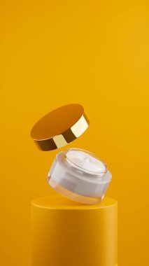 Bal rengi yuvarlak bir podyumun altın çizgili 3D görüntüsü bir bal sütunun üzerine yerleştirilir. Ağaç dallarının gölgeleriyle doğal aydınlatma