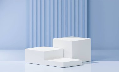 3D yorumlama konsepti. Değişik yüksekliklere sahip üç beyaz küp kutu, bulanık mavi arka plan, çizgili kabartmalı desen. 3 küp podyum. 3 kutu