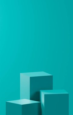 dikey Dark Cyan arka planı, üç Dark Cyan küp tabanı, Cyan renk paleti, ürün yerleştirme, siyan arkaplan, renk paleti. dikey küp podyumları, 3 rastgele podyum