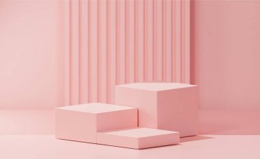 Sabırsız pembe renk 3 küp, sabırsız pembe taban rengi, soyulmuş sabırsız pembe arka plan, sabırsız pembe arka plan. 3 küp podyum şablonu