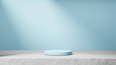 Arka planda güneş ışınları, gök mavisi arka planda, çimento üzerine izole gökyüzü mavi podyumu, ürün değişimi. beton tabanda tahta