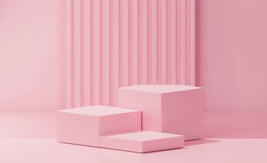 Ciklet pembesi renginde 3 küp, pembe sakız taban rengi, soyulmuş pembe sakız arkaplanı, pembe balonlu arkaplan. Ciklet pembe renginde 3 küp podyum