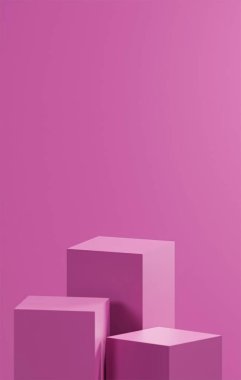 Üç eflatun pus küp podyum, dikey eflatun sis arkaplan, morumsu sis renk paleti. 3 küp podyum