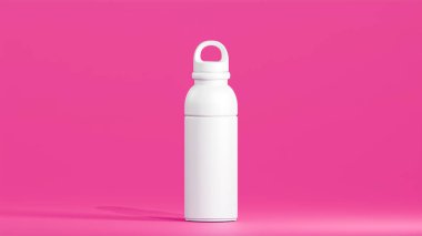 Modern tasarımı olan içki şişesi, pembe arka planda duran beyaz bardak. spor taklacısı