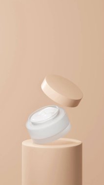 İzole edilmiş yüzen ot kremi, mercan çiçeği tüp podyumunda yüzen esrar kremi, beyaz krema. yüzen krema kavanozu