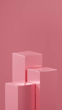 Şeker Pembesi renkleri üzerine farklı boyutlarda 3 küp podyum, Şeker Pembesi renkli bir arka plan önünde düzenlenir. Metalik parlak küpler. küp podyumu