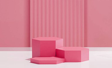 Altıgen tabanlı karpuz rengi, ortasında çizgili desenli karpuz arkaplanı. 3 altıgen podyum şablonu