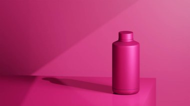 Morumsu bir masanın üzerine yerleştirilmiş metalik renkli içki şişesi, parlak renklerde fütüristik fotoğraf konsepti.