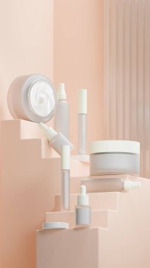 Beyaz kozmetik seti ve içinde beyaz sıvı krem. Donmuş şeftali renkli merdiven şeklinde bir merdivene yerleştirilmiş. Matte White kapağı. kozmetik setleri