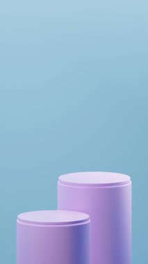 Çift Periwinkle lüks dikey podyumları Sky Blue arka planının önüne yerleştirilir. ürün değiştirme şablonu. 2 dikey podyum