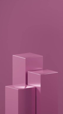 Matte Magenta renklerinde 3 farklı boyutta küp podyumu Matte Magenta renkli arka plan önünde düzenlenir. Metalik parlak küpler. 3 küp podyum şablonu