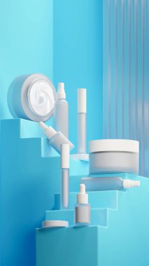 Beyaz kozmetik seti ve içinde beyaz sıvı krem. Bebek mavisi renkli merdiven şeklinde bir merdivene yerleştirilmiş. Matte White kapağı. Beyaz renkte kozmetik berraklığı