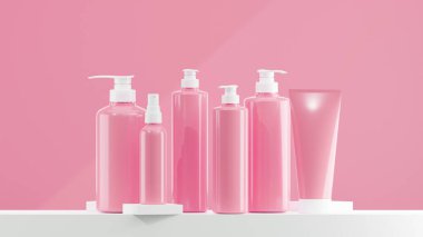 Karpuz losyonu, sprey, beyaz kapaklı pompa şişesi. Beyaz zemin ve karpuz arkaplan rengine konulmuş çeşitli boyutlarda losyon şişeleri