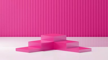 Beyaz üste Deep Pink 'te çift taraflı bir küp podyumu. Derin Pembe dikdörtgen desenli bir arka plan. Merdiven podyumu şablonu
