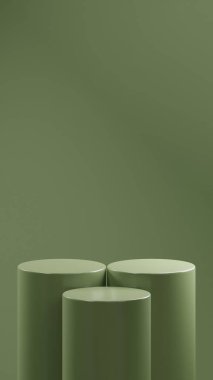 Sessiz zeytin renginde 3 podyum sessiz zeytin arka planının önüne yerleştirildi. Önlerindeki 1 podyumdan 2 podyum daha yüksektir. Ürün yerleştirme podyumu. 3 podyum şablonu