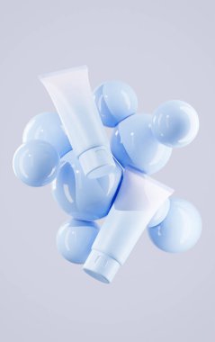 Çift mat Misty Blue krep tüplerinin büyüleyici bir görüntüsü, narin hava kabarcıklarıyla, dingin ve ruhani bir atmosfer yaratıyor. Kabarcık ile yüzen tüp kozmetik