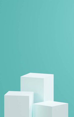 3D küp bazlı, beyaz üzerine üç küp, farklı boyutlarda, dikey turkuaz arka plan
