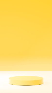 Ballı limon renginde yuvarlak panonun dikey fotoğraf oranı, sarı ve beyaz arka plan, temel tahtanın pastel rengi, ürün yerleştirmesi. yuvarlak podyum
