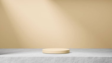 Çimento üzerine izole edilmiş hafif latte podyumu, arka planda güneş ışınları ışığı, hafif latte arka plan, ürün değişimi. Çimento tabanında podyum