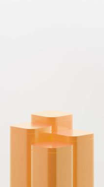 Yuvarlak köşeli 4 dikey küp podyumu. Kehribar renkli lüks küp podyumları. Beyaz arkaplan üzerine rastgele dizilmiş 4 podyum