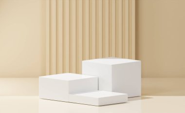 3D yorumlama konsepti. Değişik yüksekliklere sahip üç beyaz küp kutu, bej arka plan, çizgili kabartmalı desen. 3 küp podyum